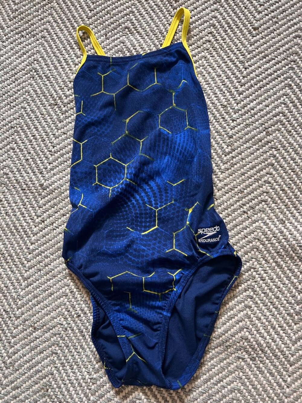 Speedo Endurance+ Kids One Piece Swimsuit Size 28 Blue Yellow Hexagon Print